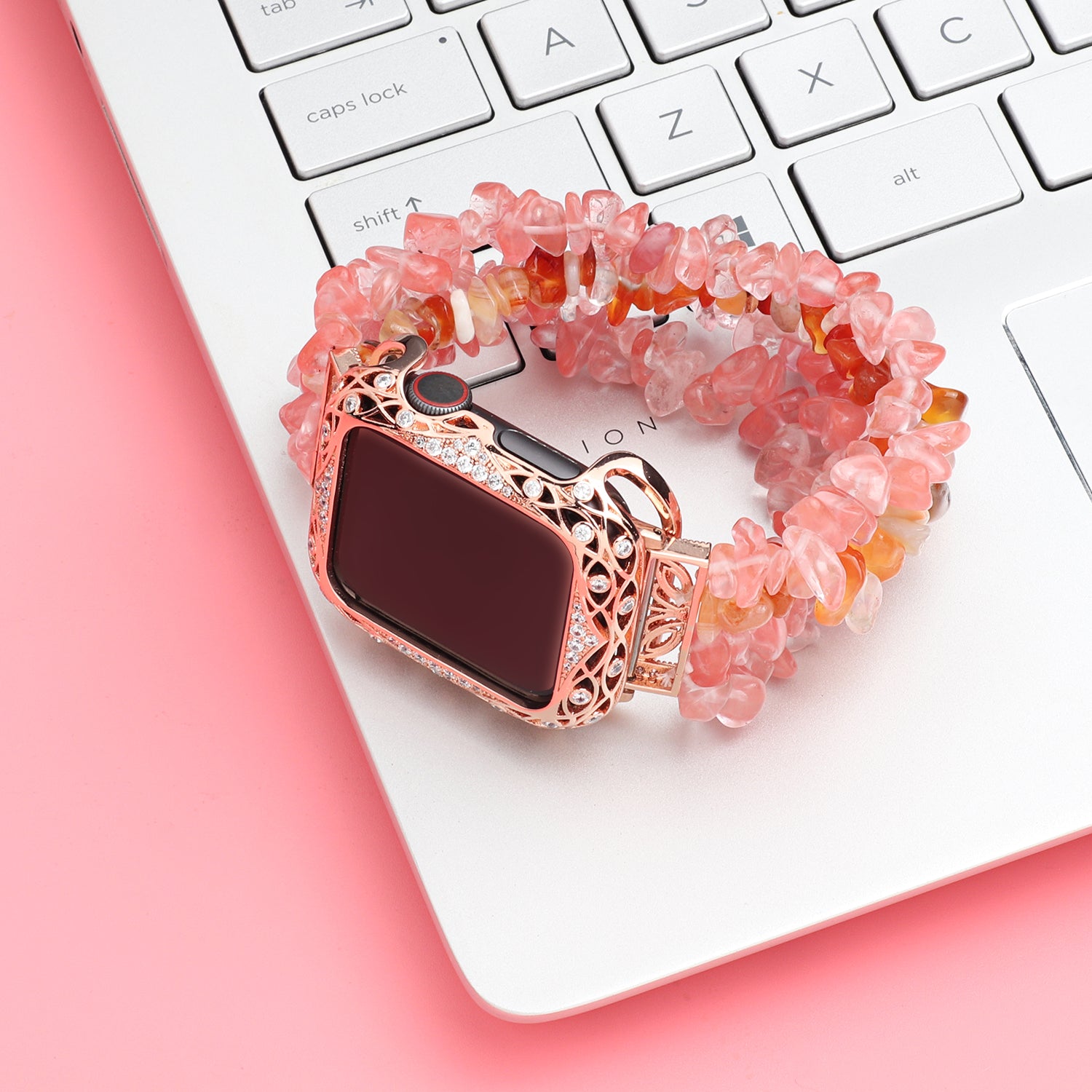 Hollow-out Zircon Decor Anti-fall Copper Watch Case Cover for Apple Watch SE / SE (2022) 40mm / Series 6 / 5 / 4 40mm - Pink - UNIQBUY