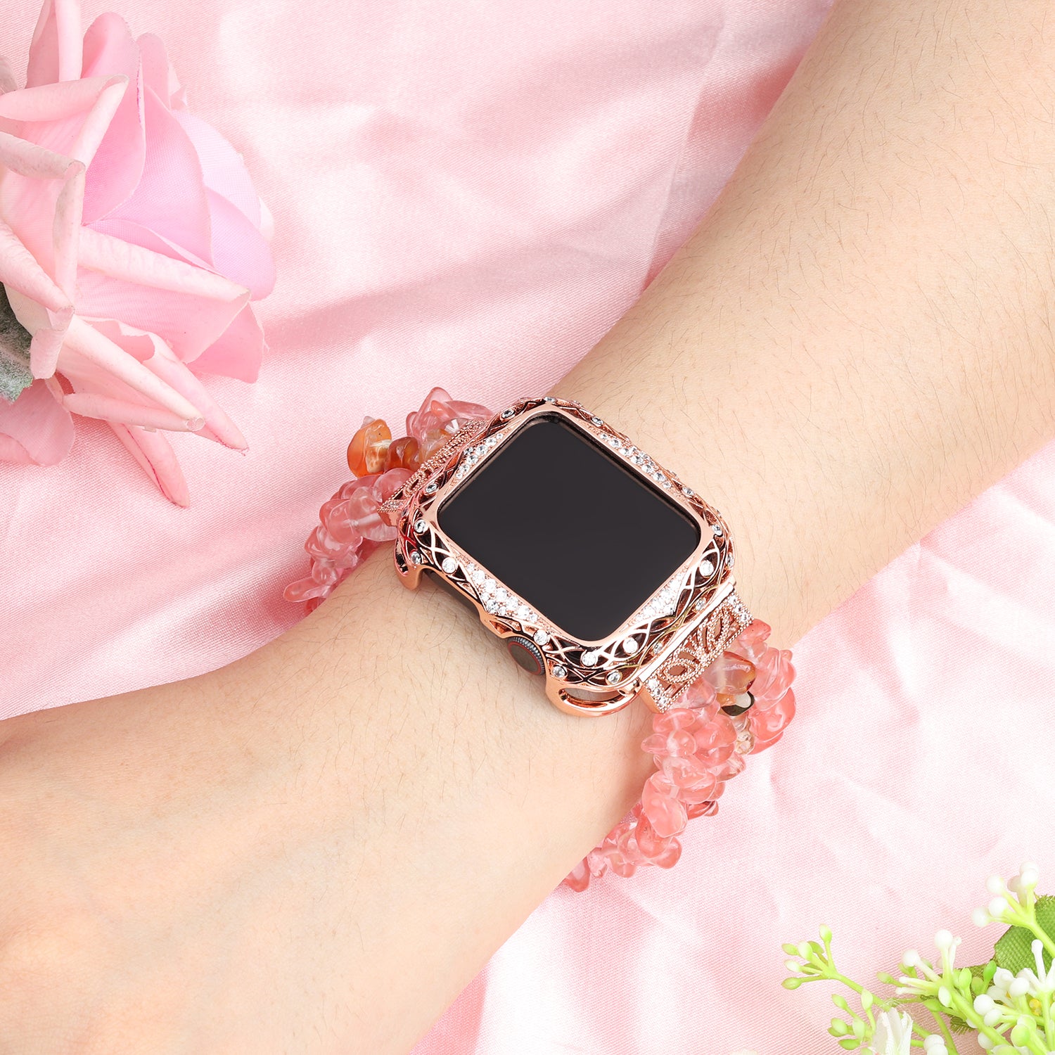 Hollow-out Zircon Decor Anti-fall Copper Watch Case Cover for Apple Watch SE / SE (2022) 40mm / Series 6 / 5 / 4 40mm - Pink - UNIQBUY