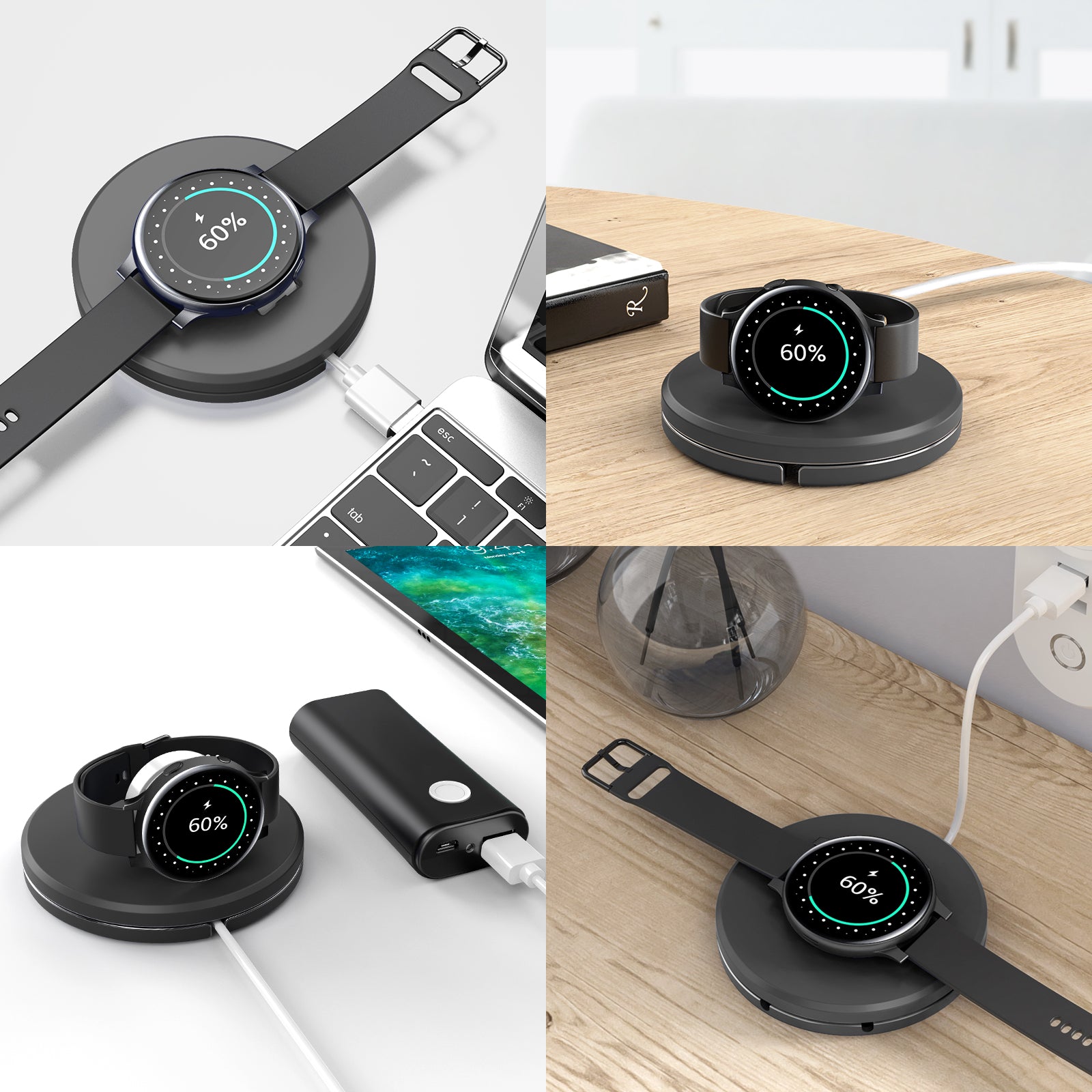 QS-03 Portable Folding Wireless Charger Cable Winder Stand Dock for Samsung Galaxy Watch Active/Active2/Watch3 - Black