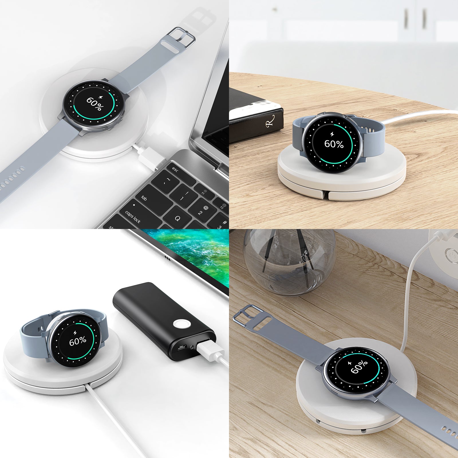 QS-03 Portable Folding Wireless Charger Cable Winder Stand Dock for Samsung Galaxy Watch Active/Active2/Watch3 - White