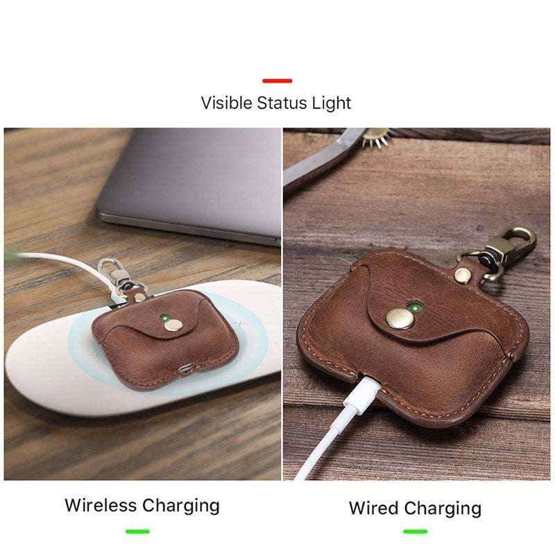 CONTACTS FAMILY Vintage Style Crazy Horse Texture Bluetooth Earphone Genuine Leather Protective Case Cover with Key Chain for Apple AirPods Pro - Wine Red