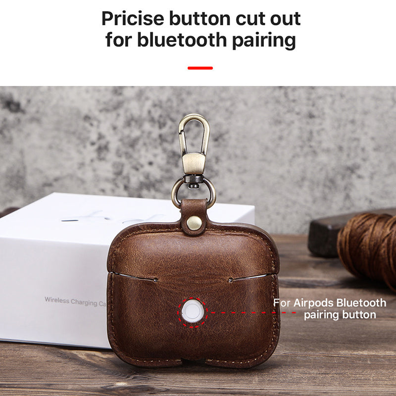 CONTACTS FAMILY Vintage Style Crazy Horse Texture Bluetooth Earphone Genuine Leather Protective Case Cover with Key Chain for Apple AirPods Pro - Brown