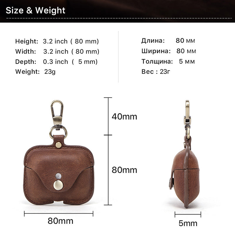 CONTACTS FAMILY Vintage Style Crazy Horse Texture Bluetooth Earphone Genuine Leather Protective Case Cover with Key Chain for Apple AirPods Pro - Brown