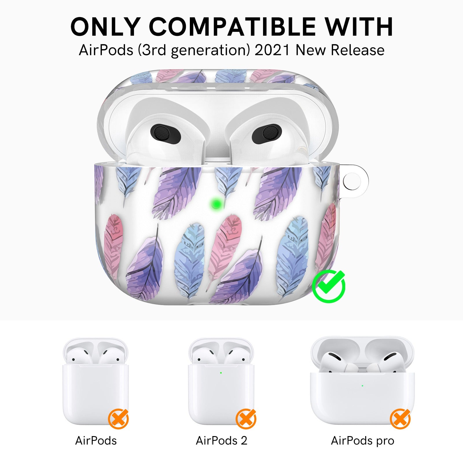 AHASTYLE PT142-3 for Apple AirPods 3 Anti-drop Earphone Case Pattern Printing Earbud Charging Box Two-Piece Design TPU Cover with Carabiner - Feather