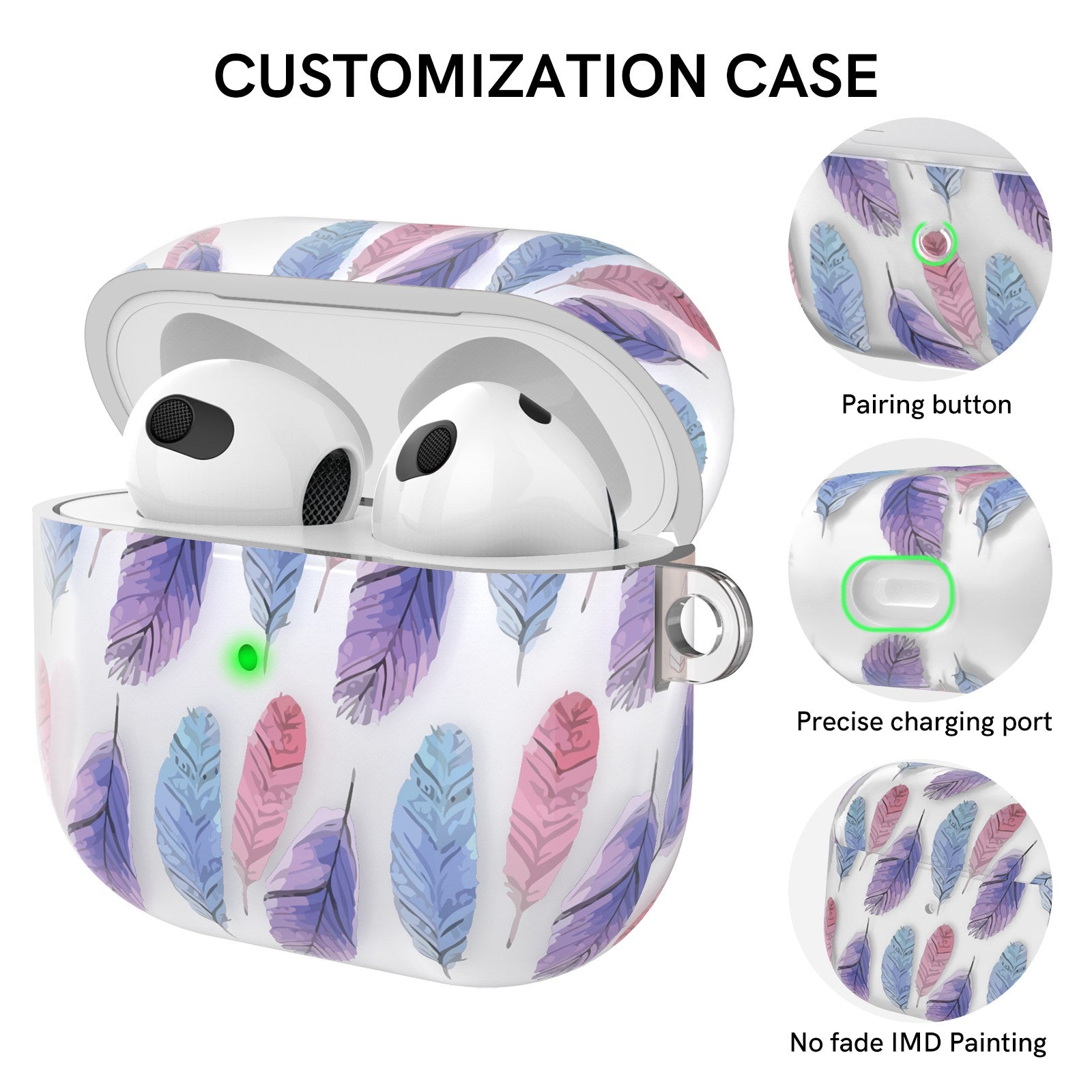 AHASTYLE PT142-3 for Apple AirPods 3 Anti-drop Earphone Case Pattern Printing Earbud Charging Box Two-Piece Design TPU Cover with Carabiner - Feather