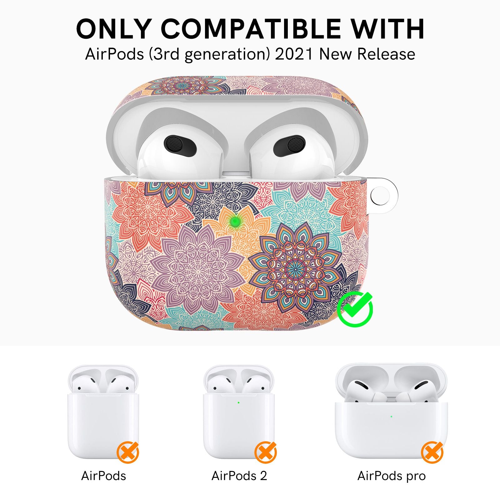AHASTYLE PT142-3 for Apple AirPods 3 Anti-drop Earphone Case Pattern Printing Earbud Charging Box Two-Piece Design TPU Cover with Carabiner - Mandala