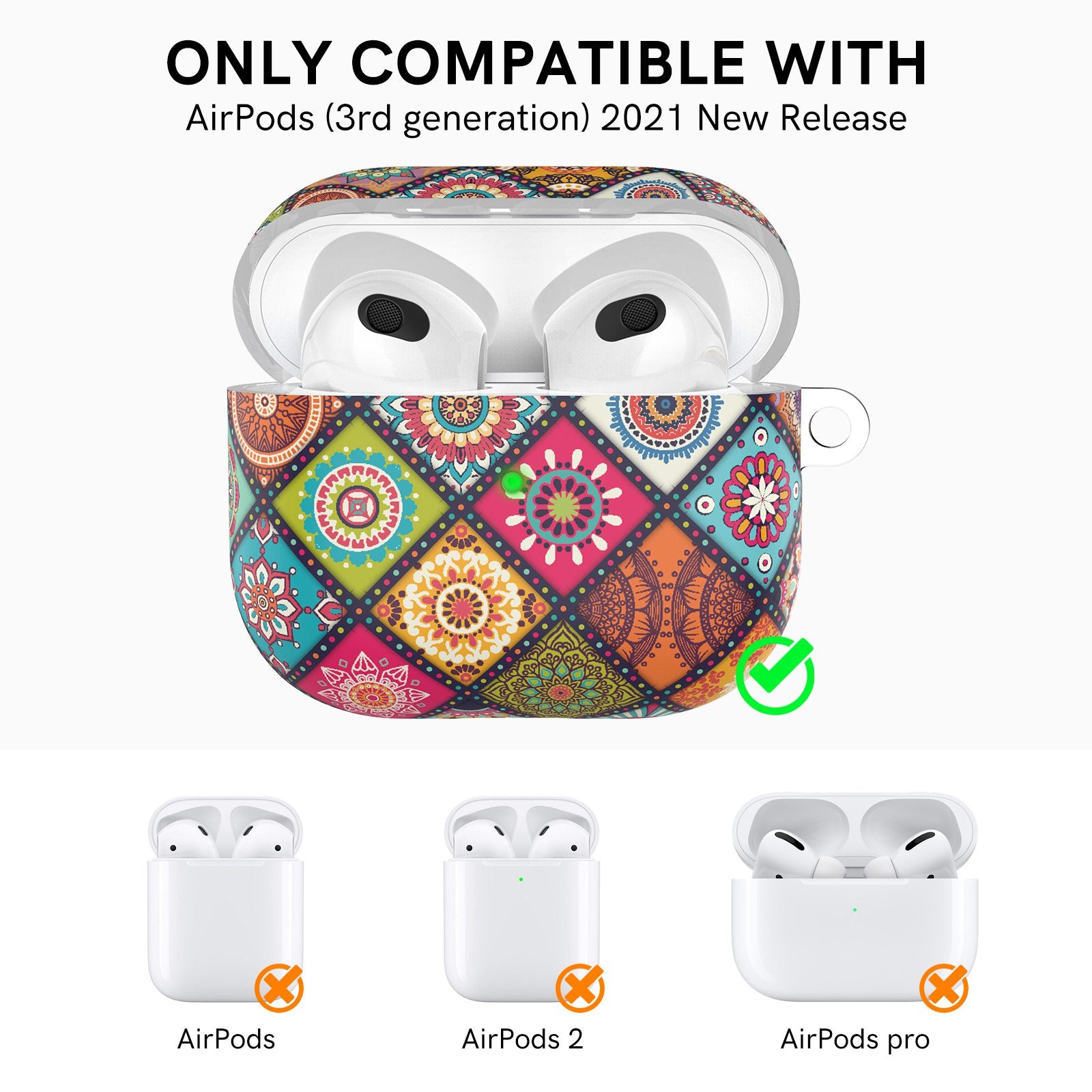 AHASTYLE PT142-3 for Apple AirPods 3 Anti-drop Earphone Case Pattern Printing Earbud Charging Box Two-Piece Design TPU Cover with Carabiner - Bohemia