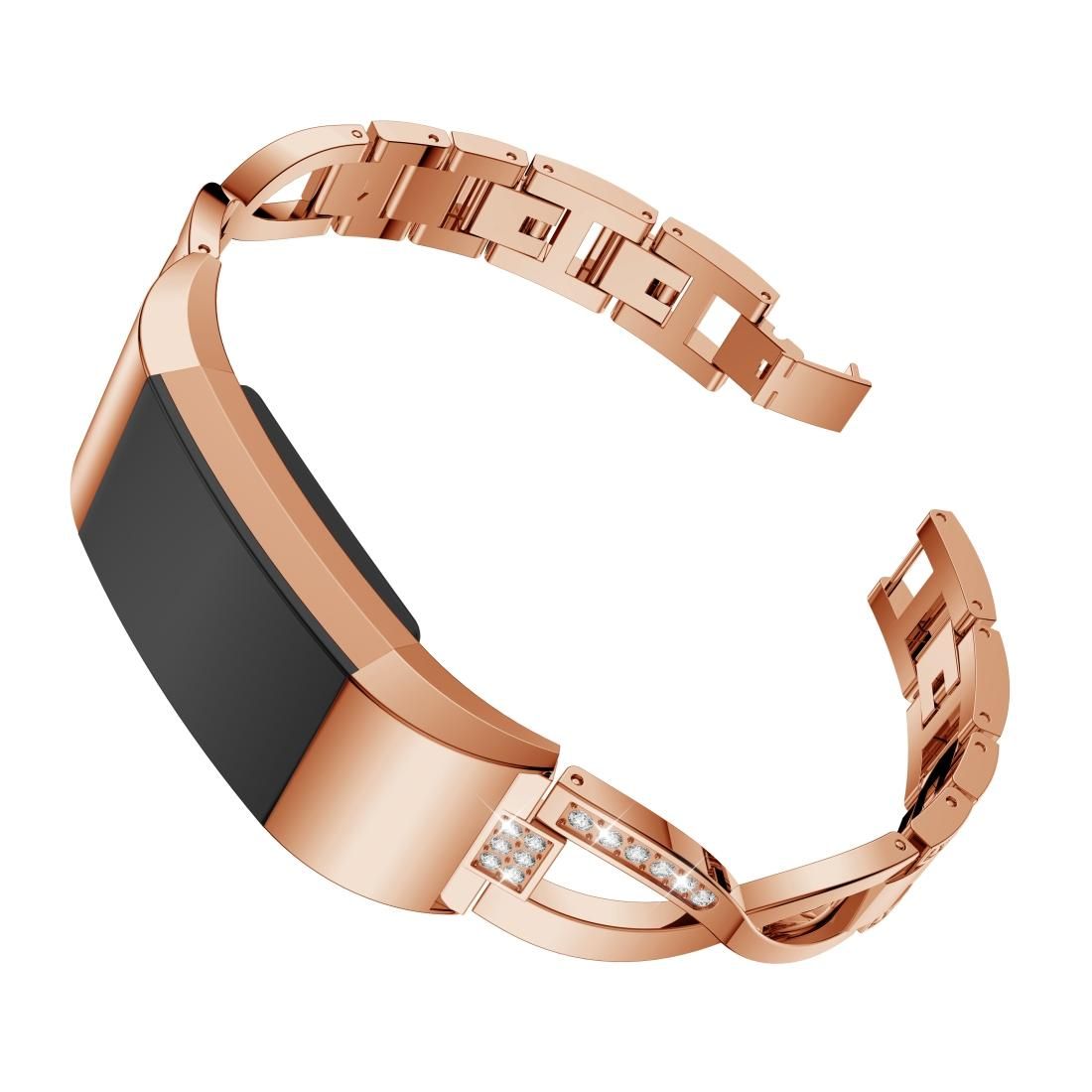 X-shaped Diamond-studded Solid Stainless Steel Wrist Strap Watch Band for Fitbit Charge 2 (Rose Gold)