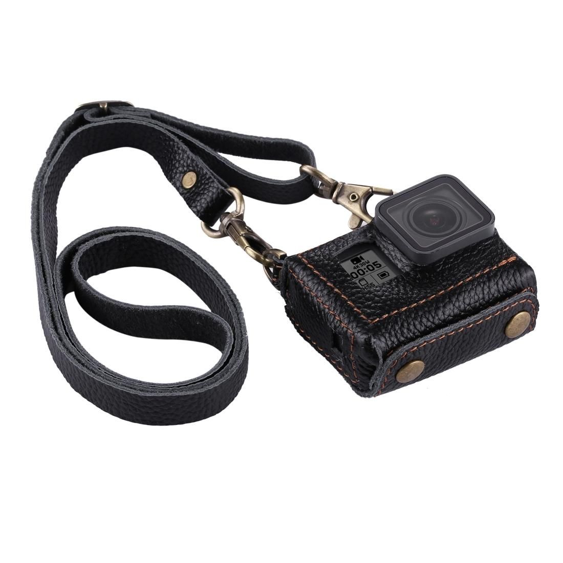 PULUZ for GoPro HERO7 Black /6 /5 Litchi Texture Genuine Leather Housing Case with Set Key Hole & Neck Strap & 52mm UV Lens (Black)