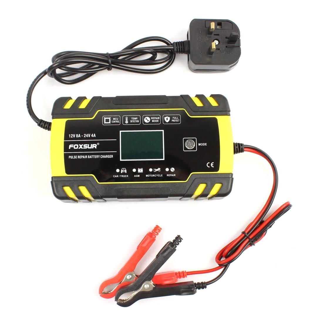 FOXSUR 12V-24V Car Motorcycle Truck Repair Battery Charger AGM Charger, UK Plug (Style1)