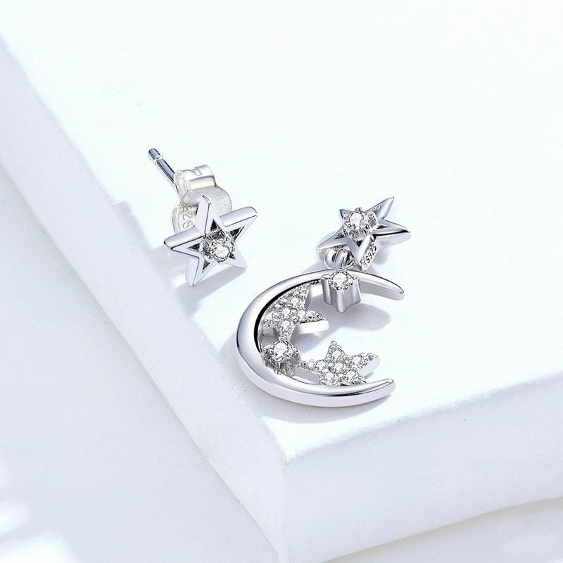 S925 Sterling Silver Bright Star And Moon White Gold Plated Zircon Asymmetric Earrings