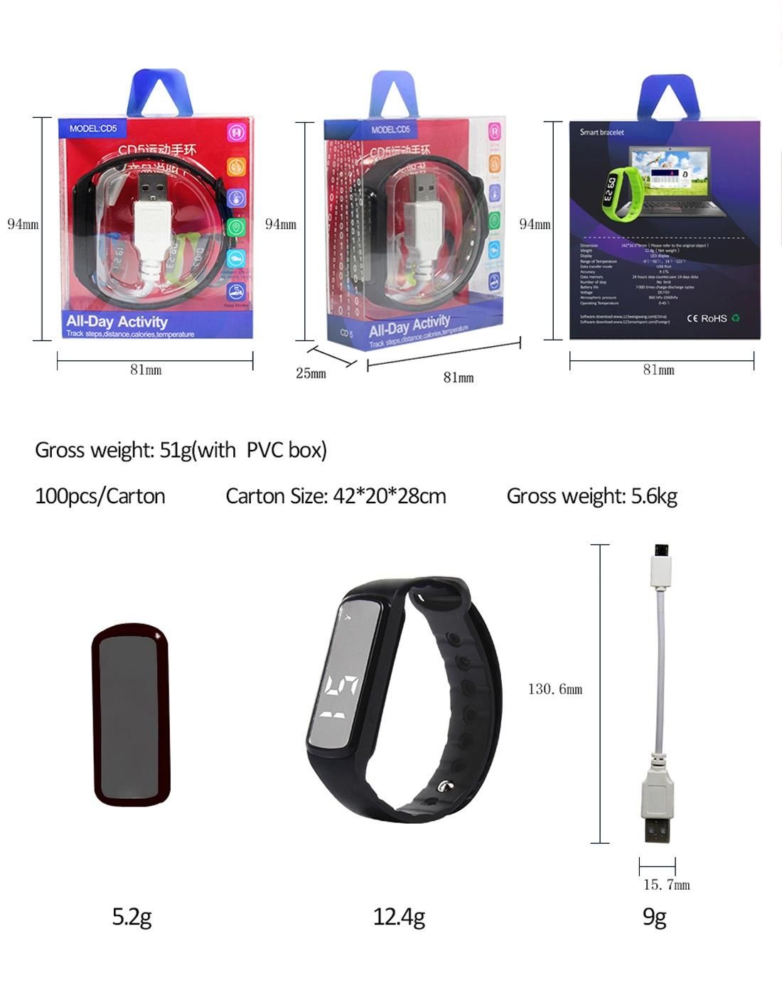 CD5 Silicone Band Fitness Smart Bracelet, Pedometer / Step Counter / Temperature / Time & Date / Calories / Atmospheric Pressure (Red)