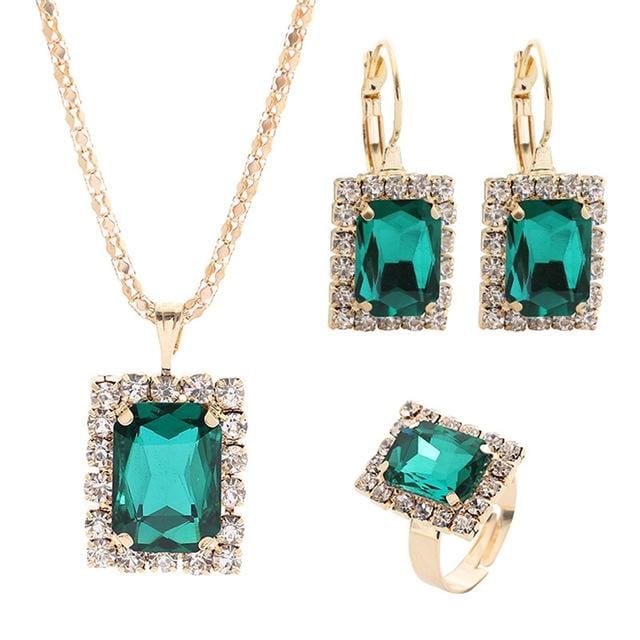 Square Crystal Necklace Earrings Ring For Women Jewelry Sets (Green)