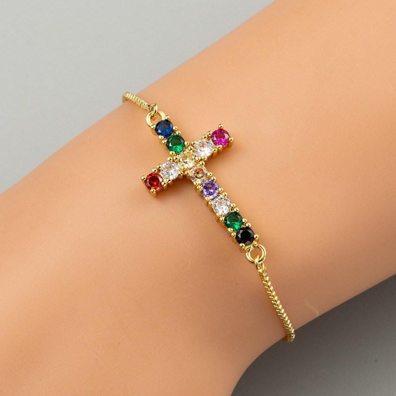 Women Fashion Cross Eye Bracelet Adjustable Rainbow Bracelet, Style:E273 Cross