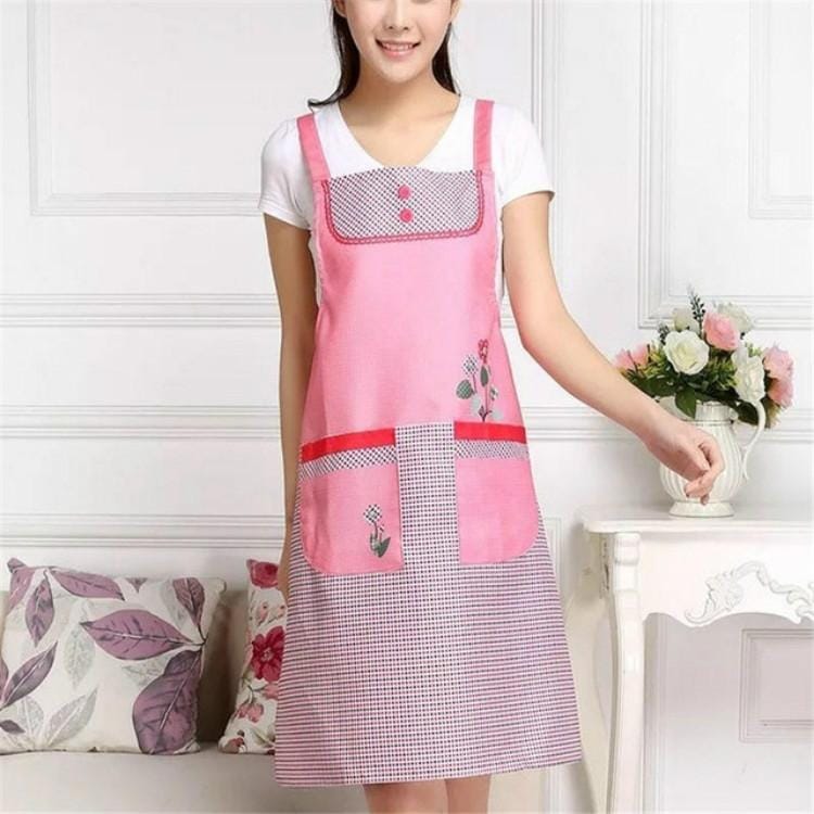 Home Adult Sleeveless Waterproof Grid Anti-oil Aprons with Double Pocket (Red)