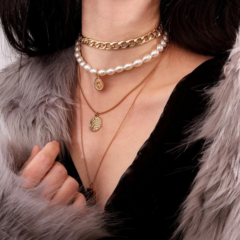 Punk Multi Layered Pearl Choker Necklace Collar Statement Virgin Mary Coin Crystal Pendant Necklace Women Jewelry (Golden)
