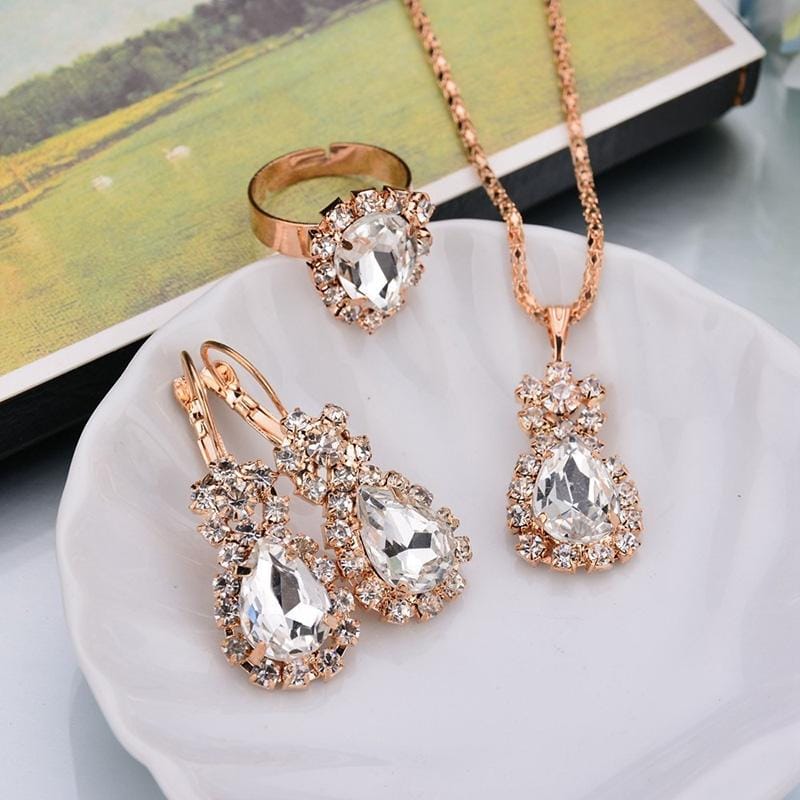 3 in 1 Gold Chain Water Drop Shape Crystal Earrings Necklace Adjustable Rings Set Women Jewelry Sets (White)