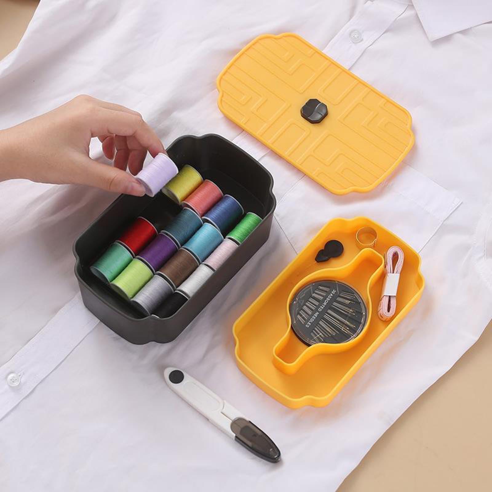 Sewing Storage Box Organizer Thread Measuring Tape Needles Thimble Yellow