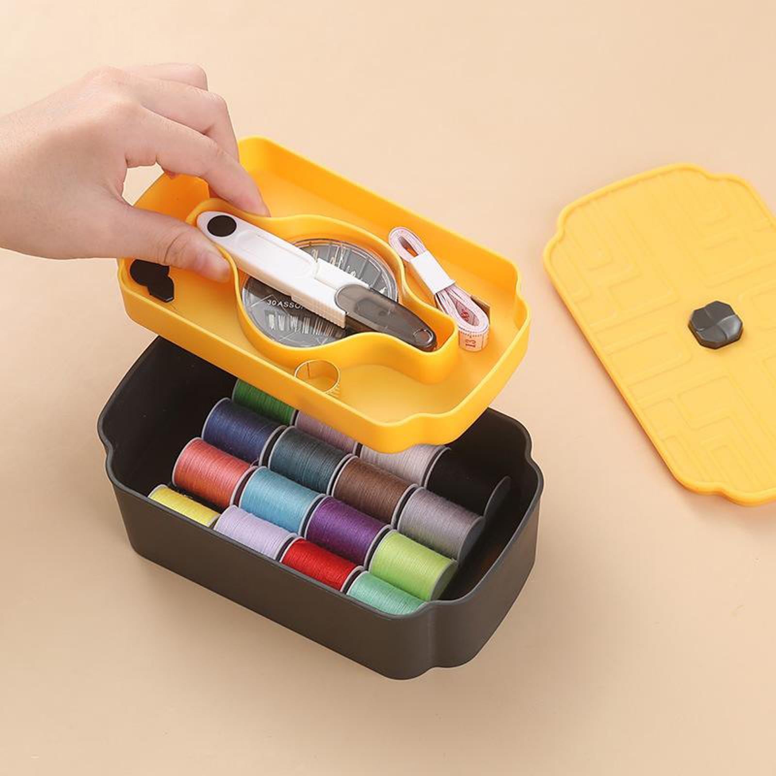 Sewing Storage Box Organizer Thread Measuring Tape Needles Thimble Yellow