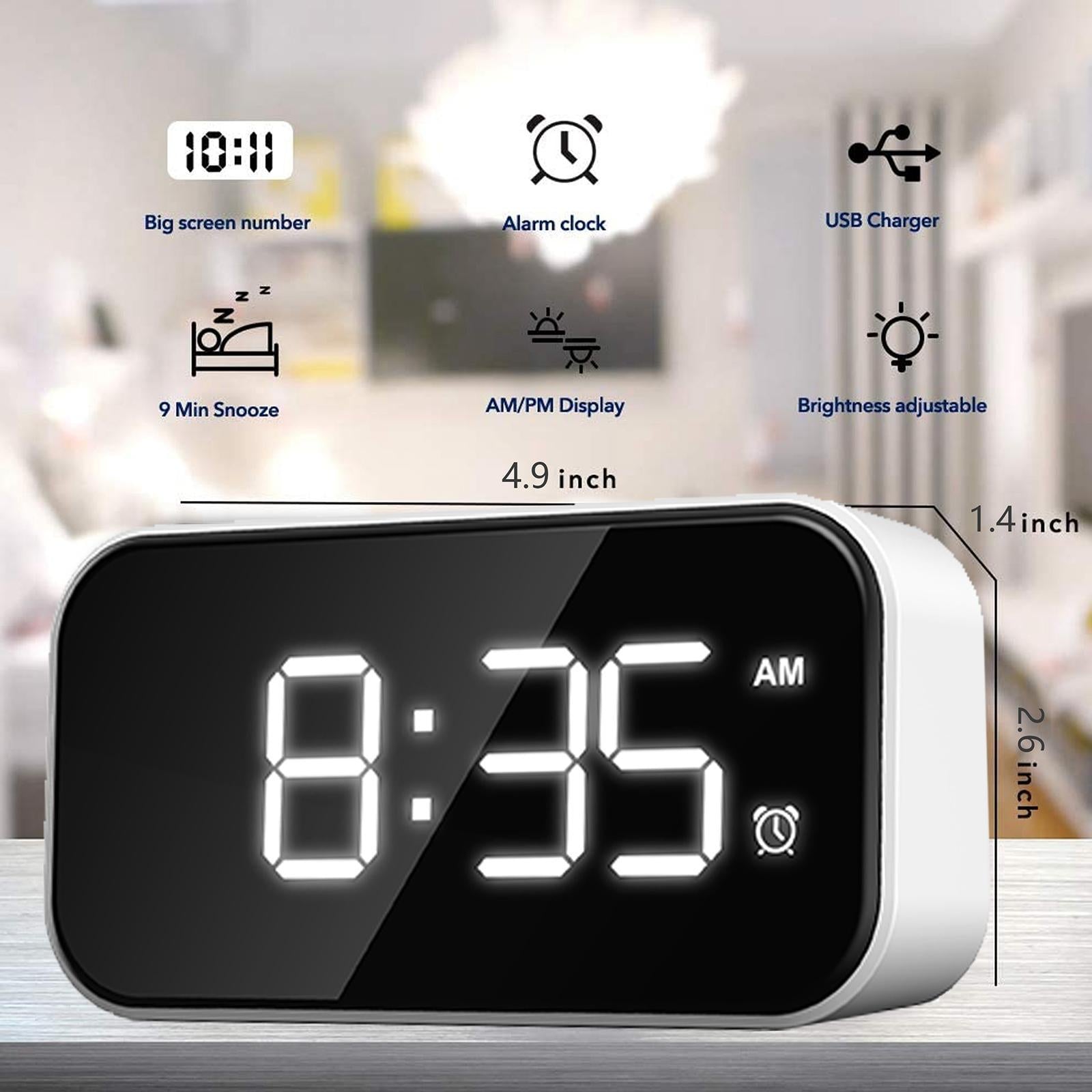 Digital Alarm Clock LED Alarm Clock Mirror Clock for Bedroom White Character