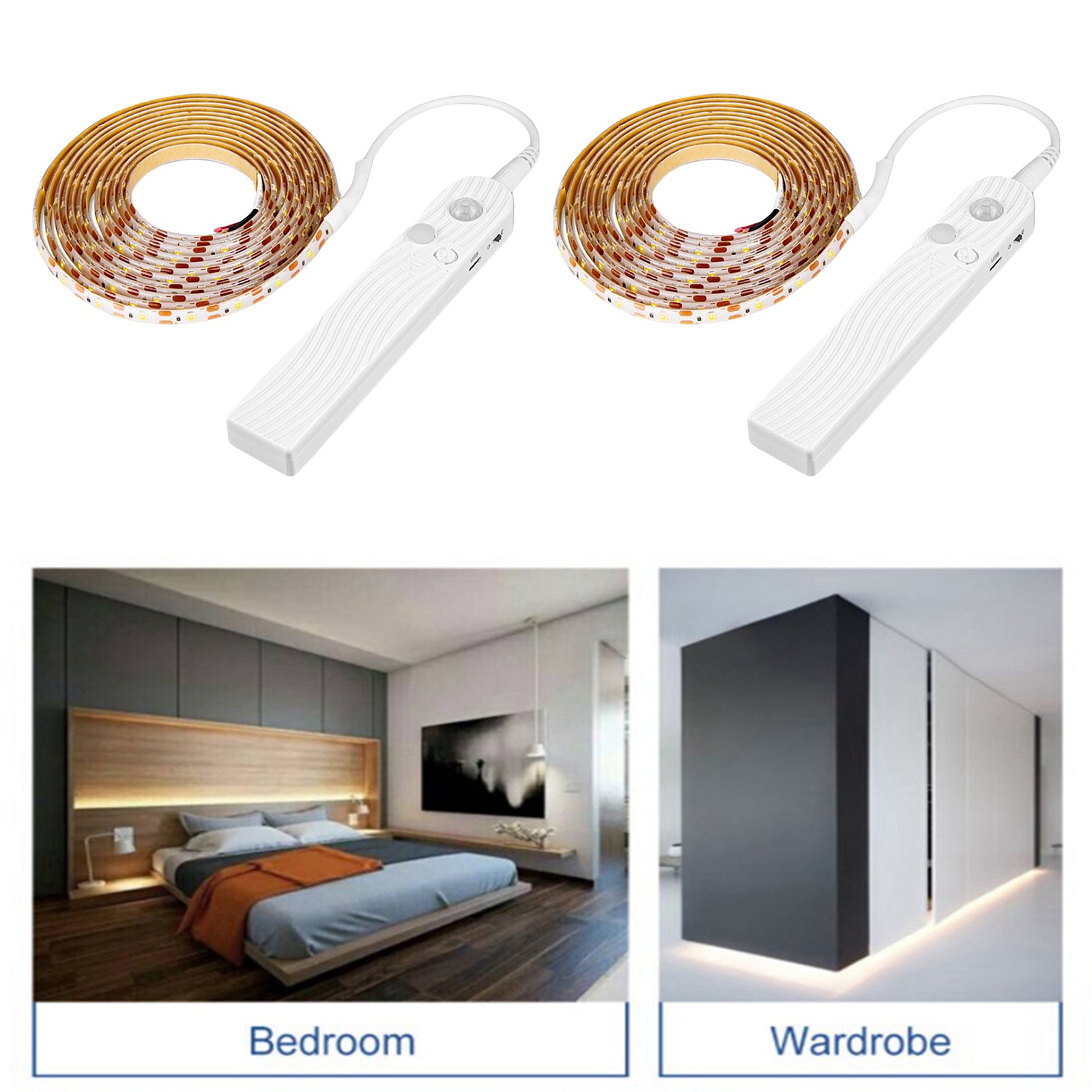 PIR Motion LED Strip Night Lights Bedside Lamp 3000K Warm White 1m