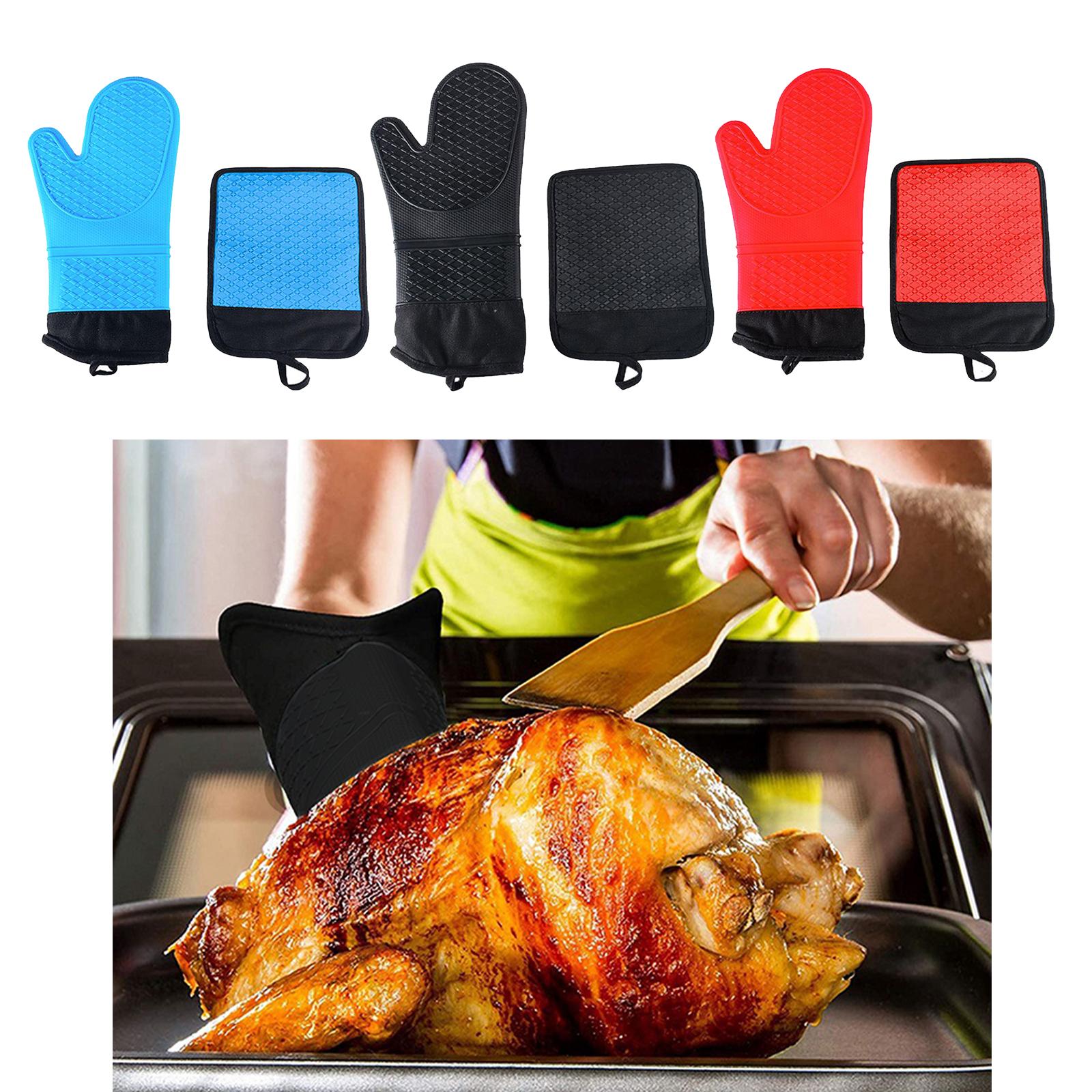 Oven Gloves Heat Resistant Silicone Oven Mitts Waterproof BBQ Gloves Black