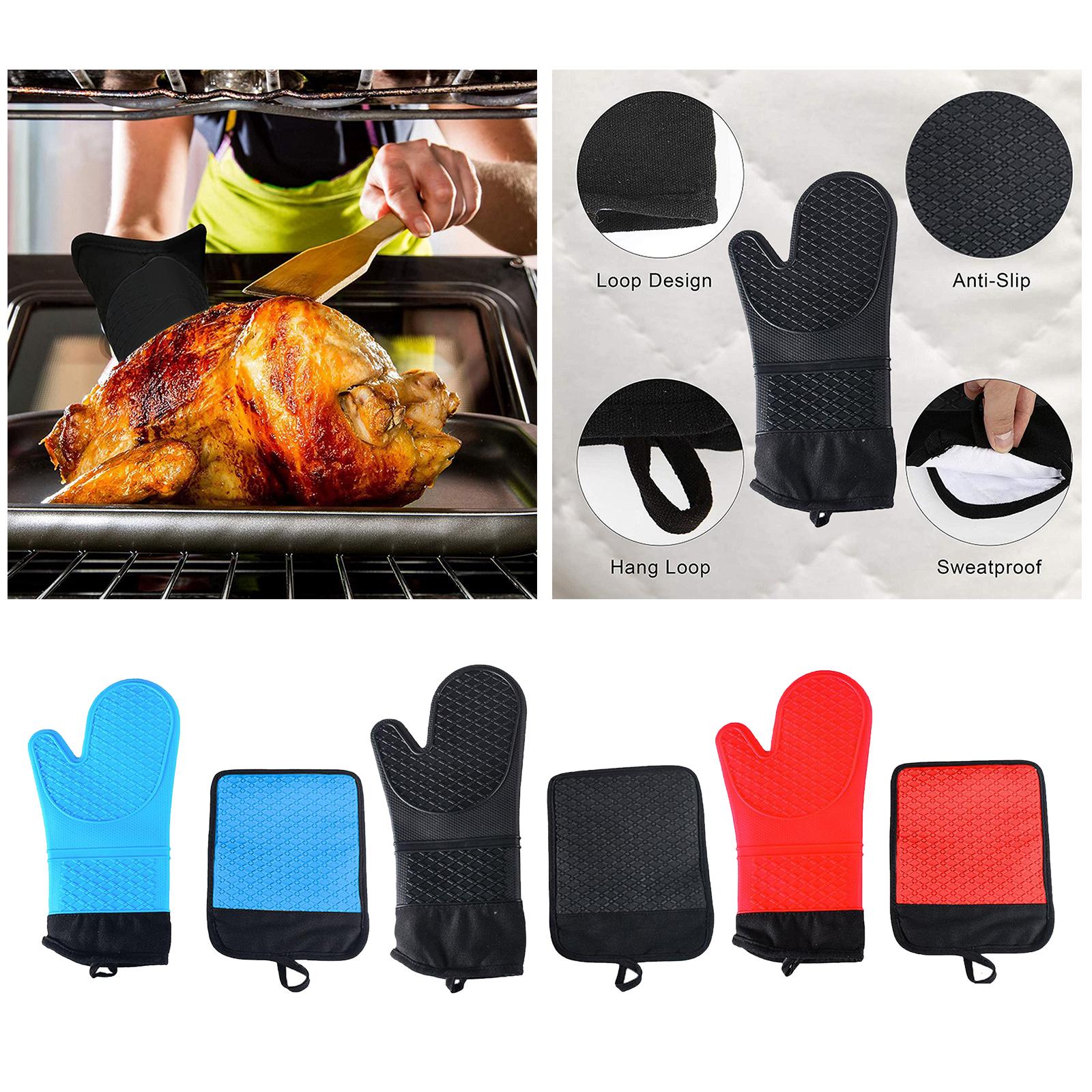 Oven Gloves Heat Resistant Silicone Oven Mitts Waterproof BBQ Gloves Black