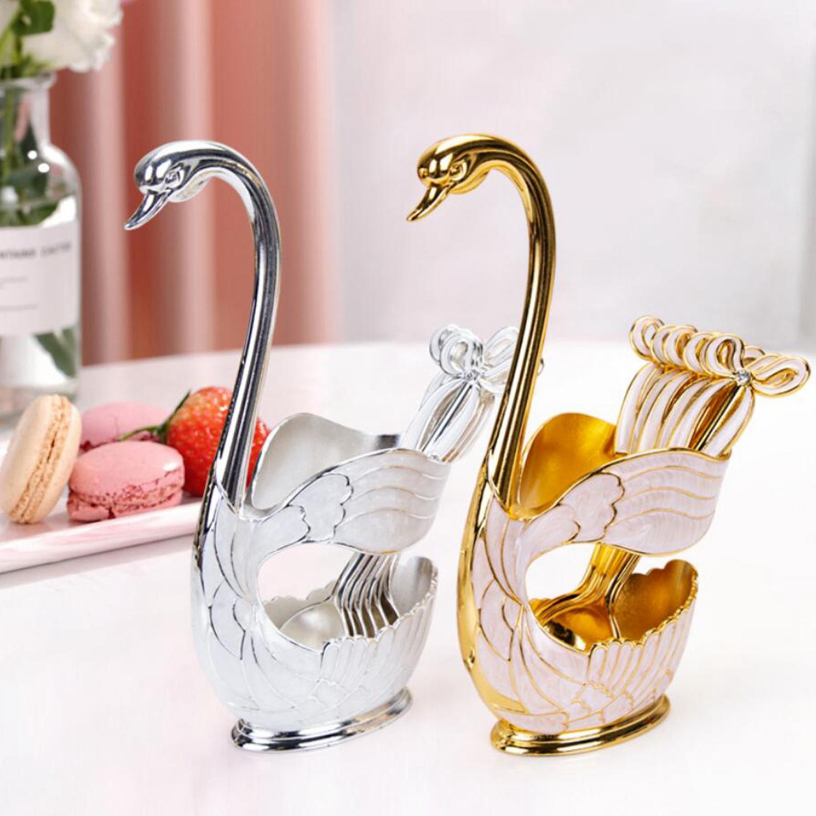 Elegant Swan Spoon Holder Set Spoons Tableware Dining Cake Dessert Decor golden