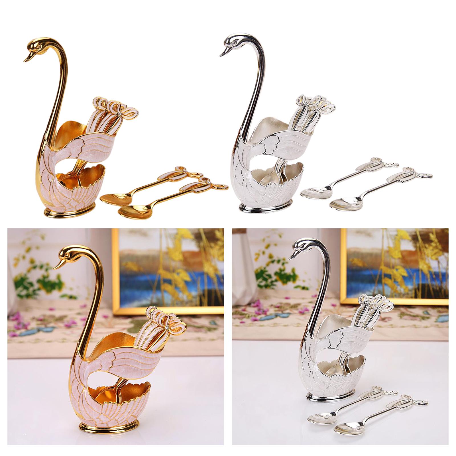 Elegant Swan Spoon Holder Set Spoons Tableware Dining Cake Dessert Decor golden