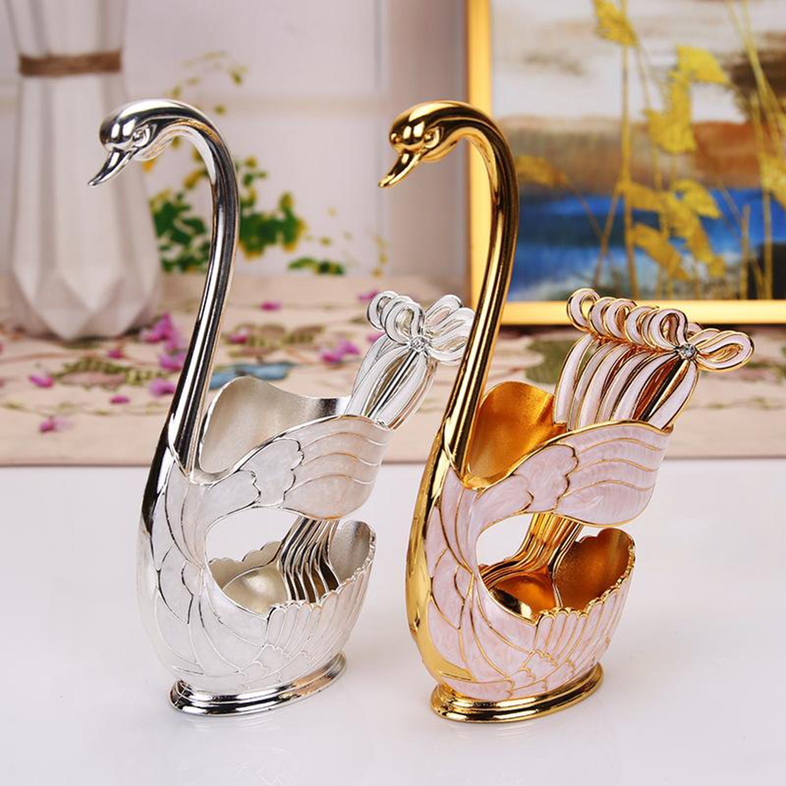 Elegant Swan Spoon Holder Set Spoons Tableware Dining Cake Dessert Decor silver