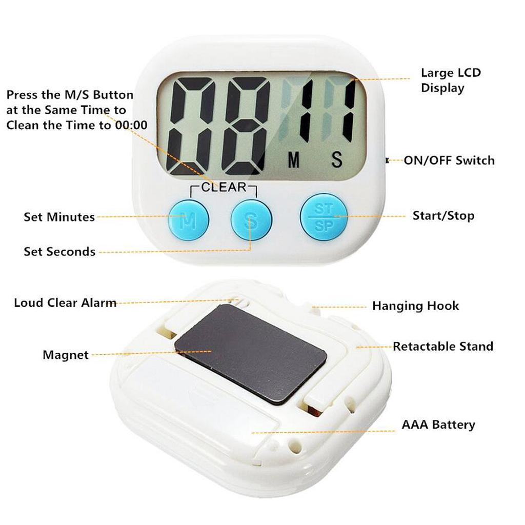 1pc Digital Kitchen Timer Clear Big Digits 0-99 Min for Cooking Office Clock white