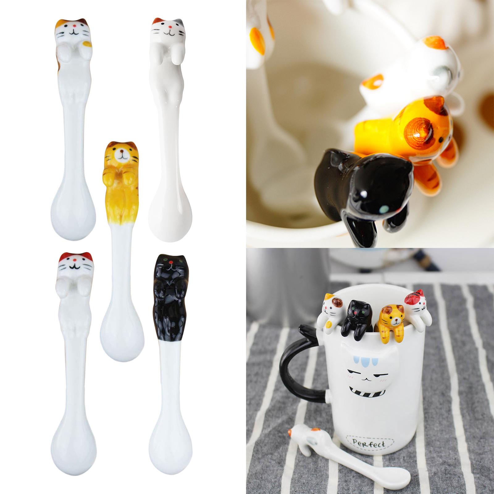 Ceramics Spoon Cat Design Teaspoons for Dessert Cappuccino Yellow Brown Cat