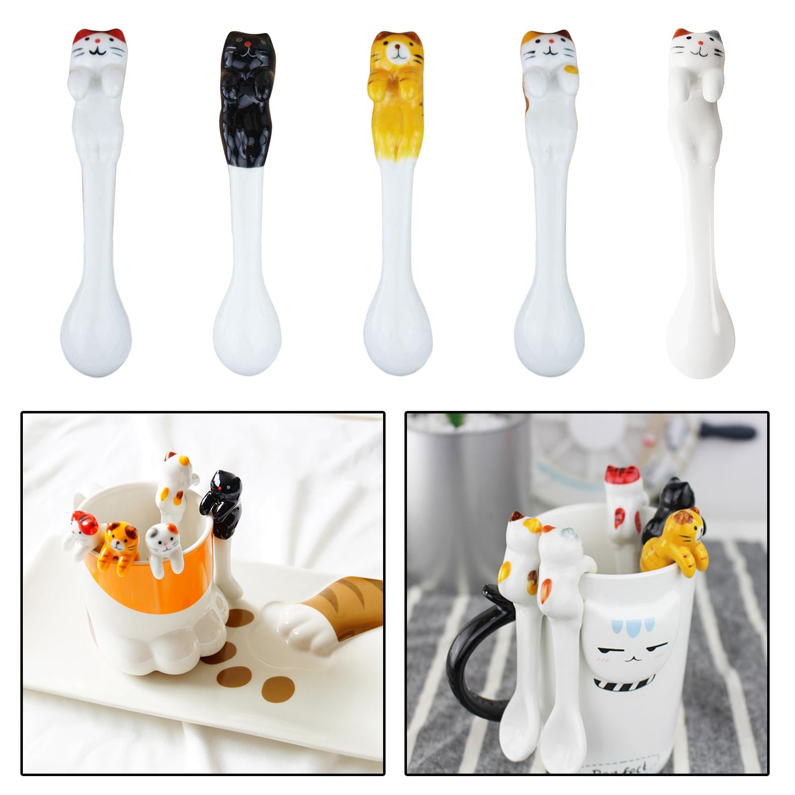 Ceramics Spoon Cat Design Teaspoons for Dessert Cappuccino Yellow Brown Cat