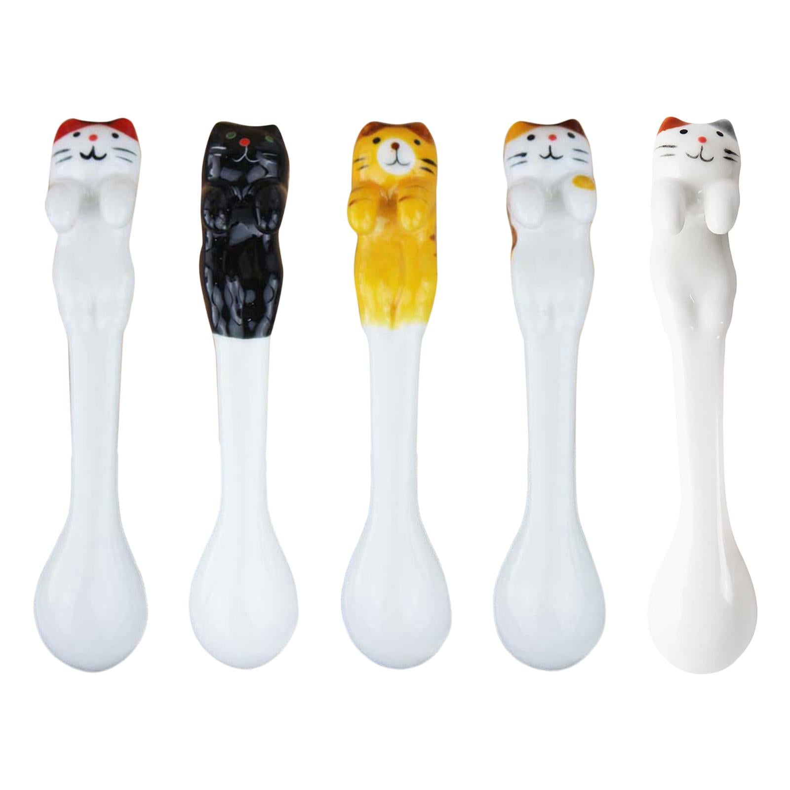 Ceramics Spoon Cat Design Teaspoons for Dessert Cappuccino Yellow Brown Cat