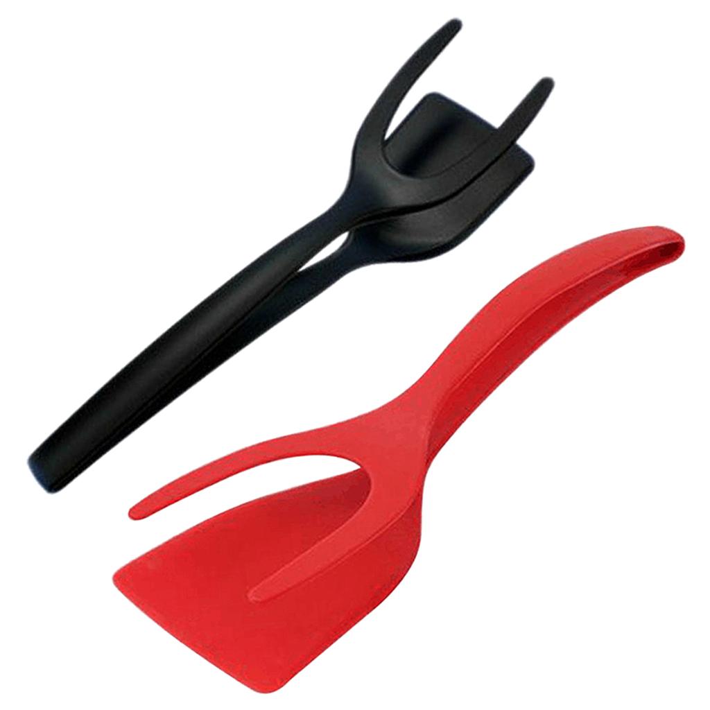 2 in 1 Egg Spatula Tongs Bread Clamp Omelette Fried Egg Tuner Tong Tool Black