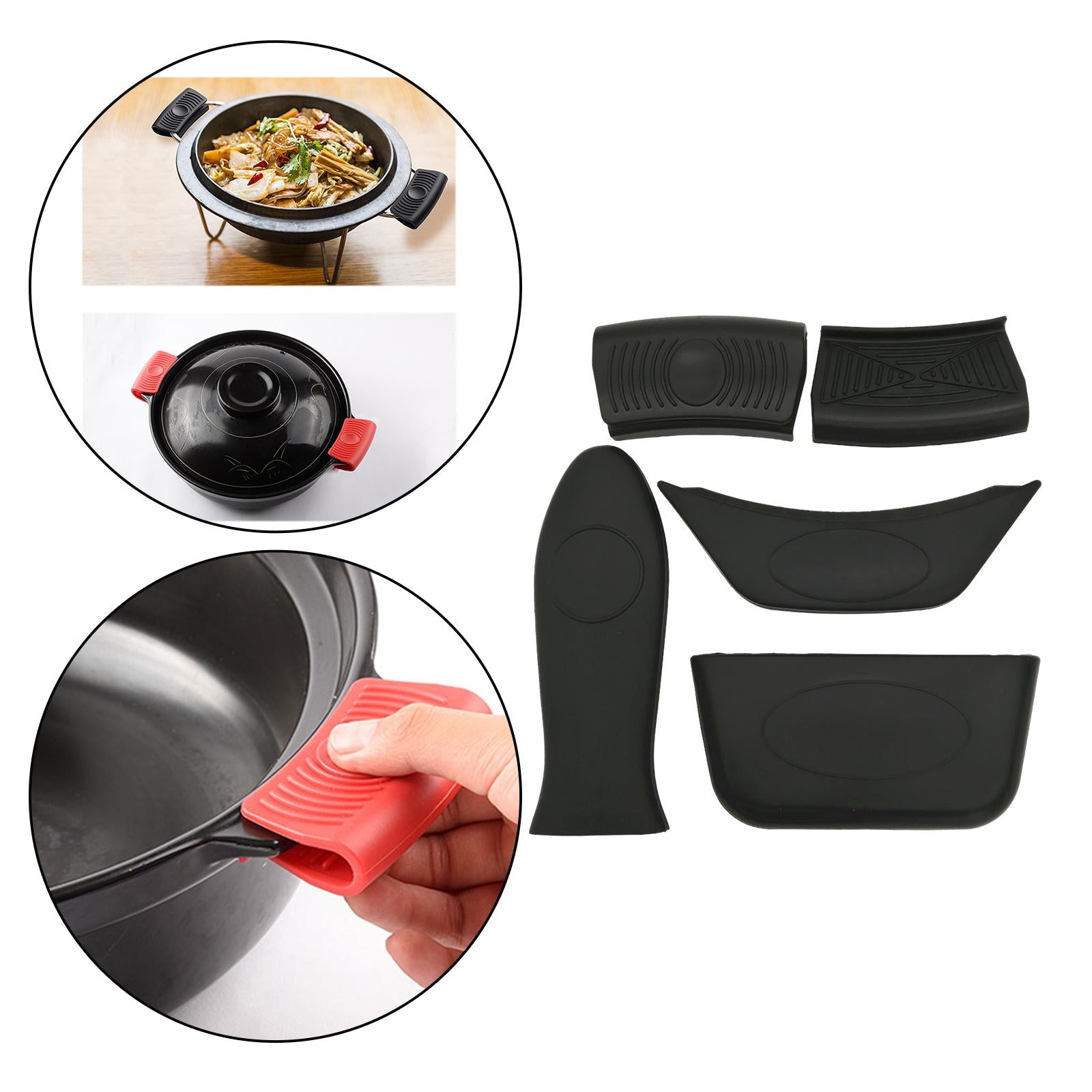 5pcs/set Non Slip Silicone Hot Handle Holder Parts for Skillets Griddles black