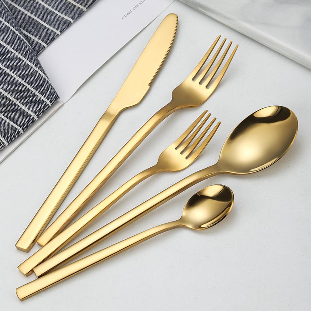 5x Glossy Tableware Cutlery Set Knife Spoon Fork Flatware Gold