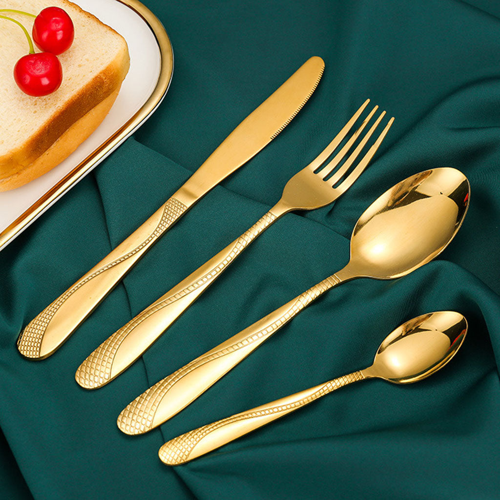 4pcs Cutlery Set Mirror Polishing Dinnerware Patterned Gift Box Set Party Golden