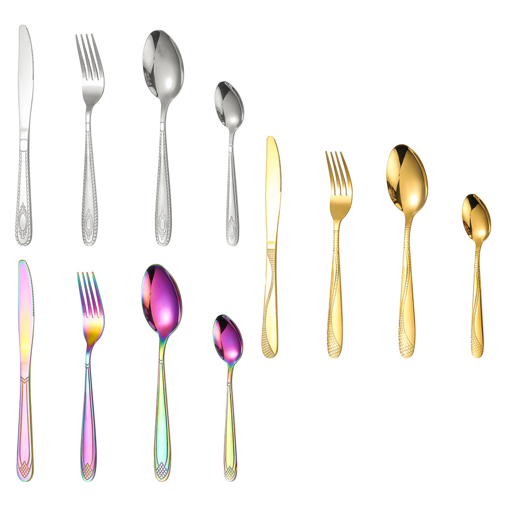 4pcs Cutlery Set Mirror Polishing Dinnerware Patterned Gift Box Set Party Golden