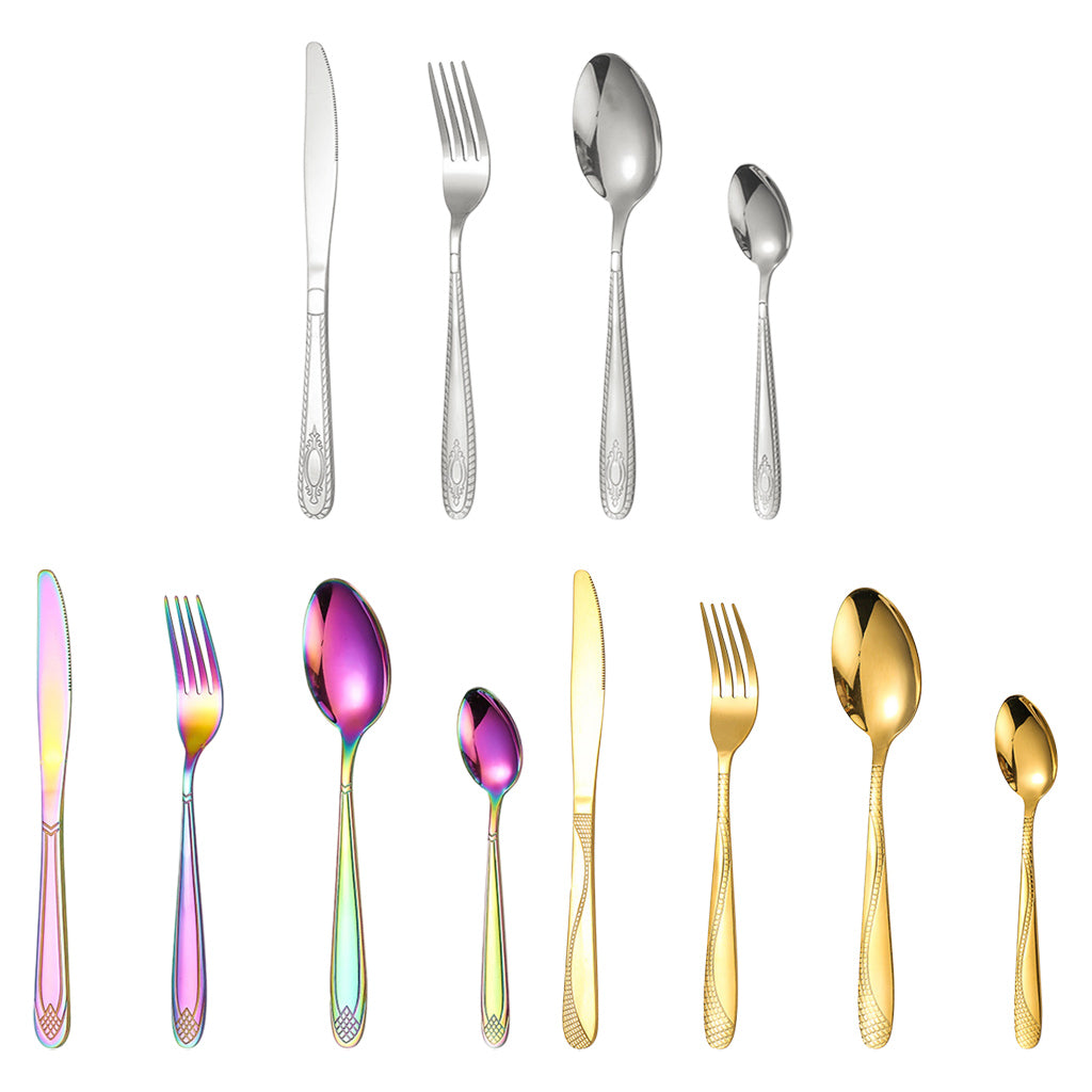 4pcs Cutlery Set Mirror Polishing Dinnerware Patterned Gift Box Set Party Golden