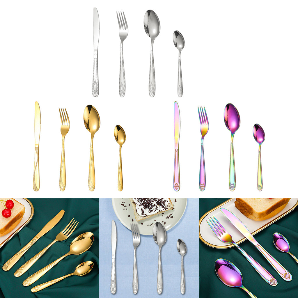 4pcs Cutlery Set Mirror Polishing Dinnerware Patterned Gift Box Set Party Golden