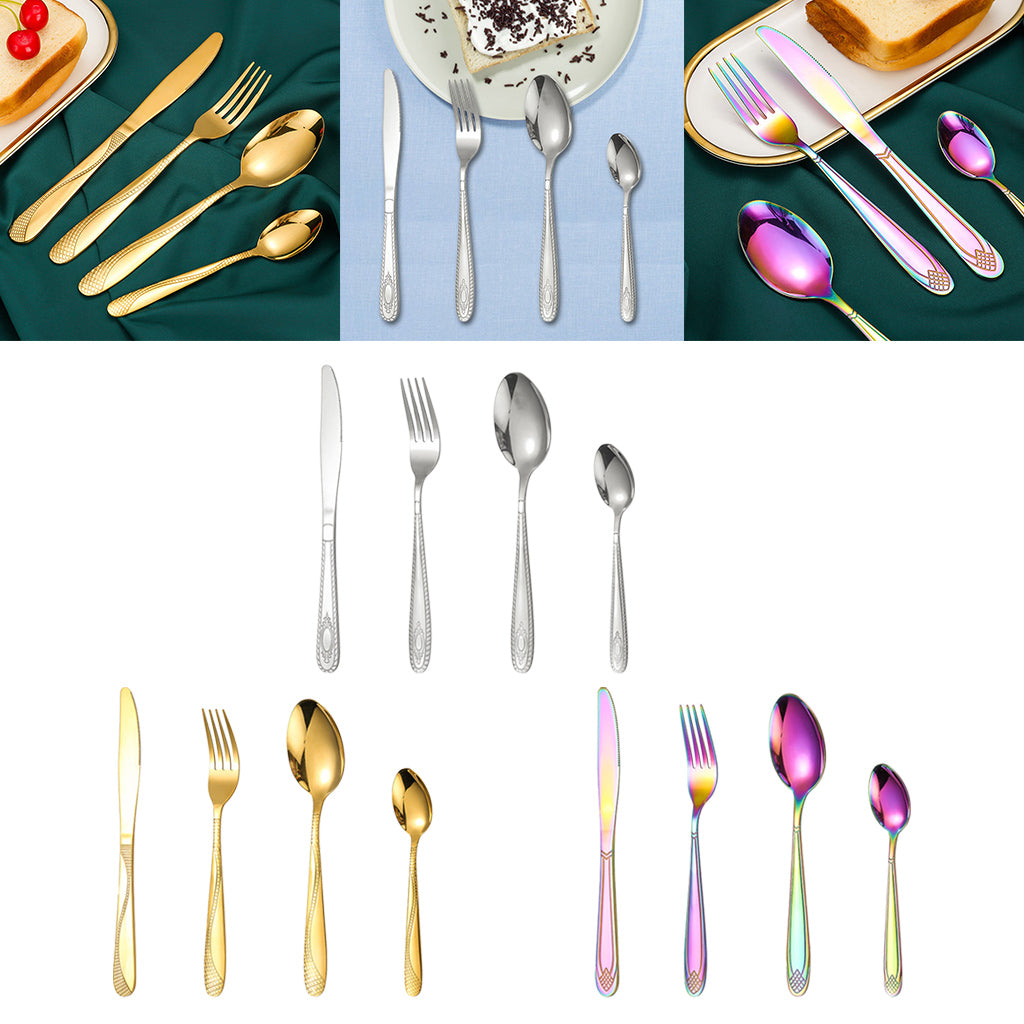 4pcs Cutlery Set Mirror Polishing Dinnerware Patterned Gift Box Set Party Golden