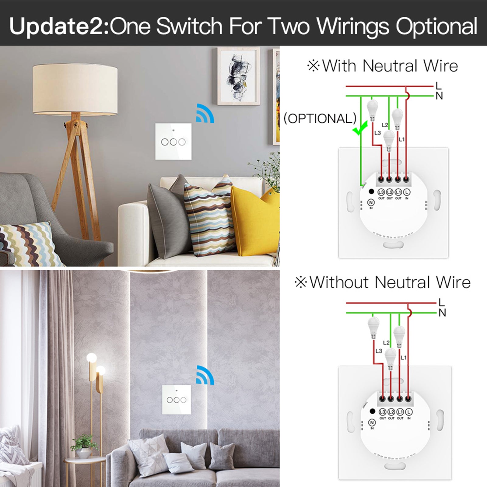 Smart Light Switch Remote Conrol Timing Setting Family Sharing Controler 3 Way White