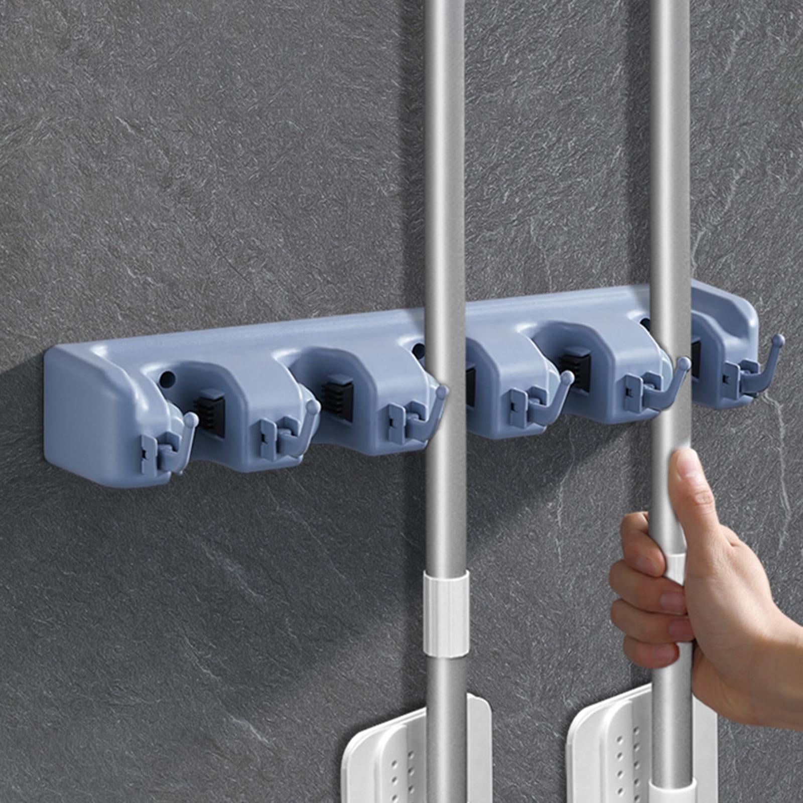 Wall Mounted Broom Mop Holder Kitchen Storage Organizer Blue 4 Hooks