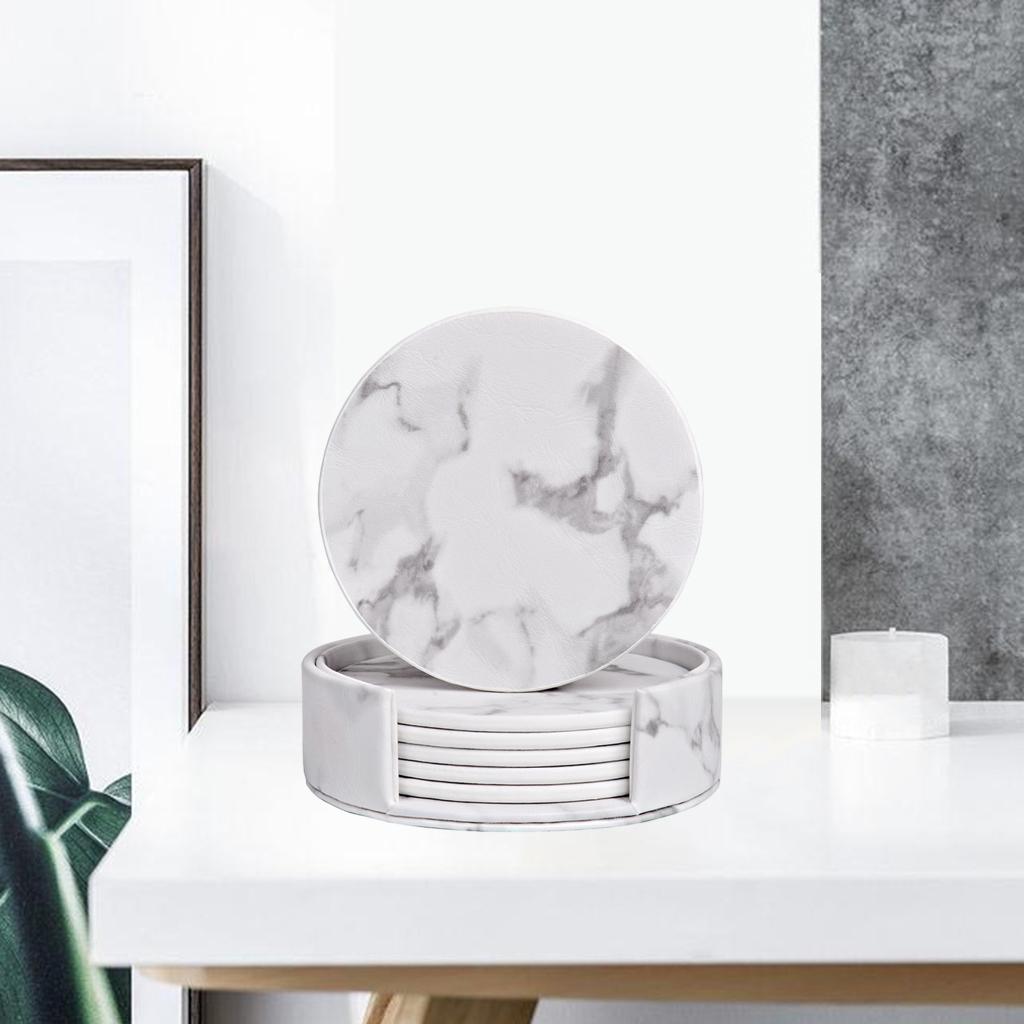 Leather Marble Grain Coasters for Drinks with Holder Heat Resistant Cup Mat marble grain white