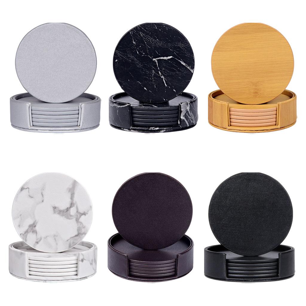 Leather Marble Grain Coasters for Drinks with Holder Heat Resistant Cup Mat marble grain white