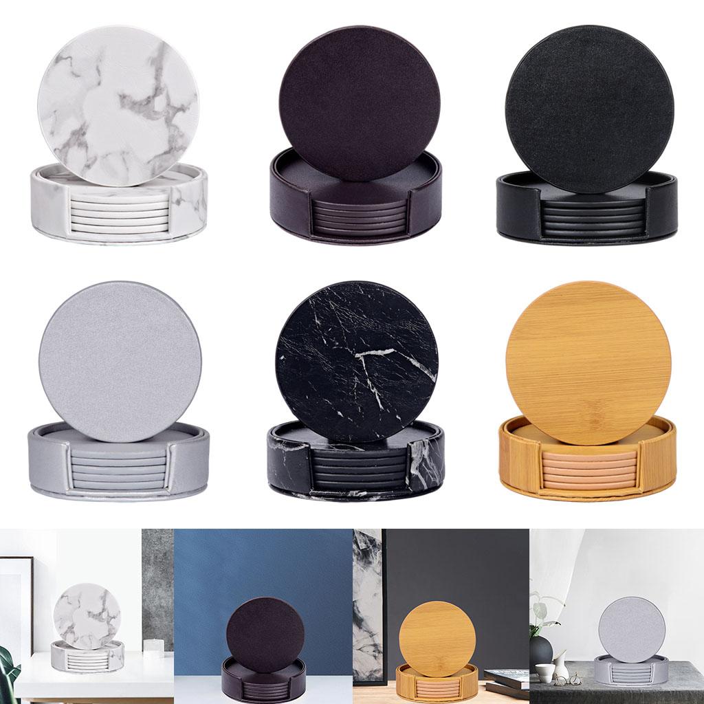 Leather Marble Grain Coasters for Drinks with Holder Heat Resistant Cup Mat marble grain white