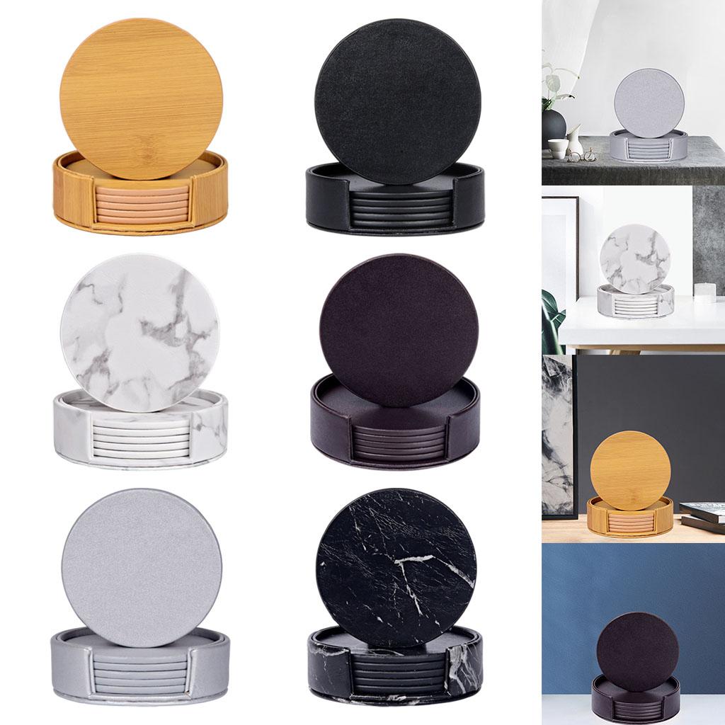 Leather Marble Grain Coasters for Drinks with Holder Heat Resistant Cup Mat marble grain white