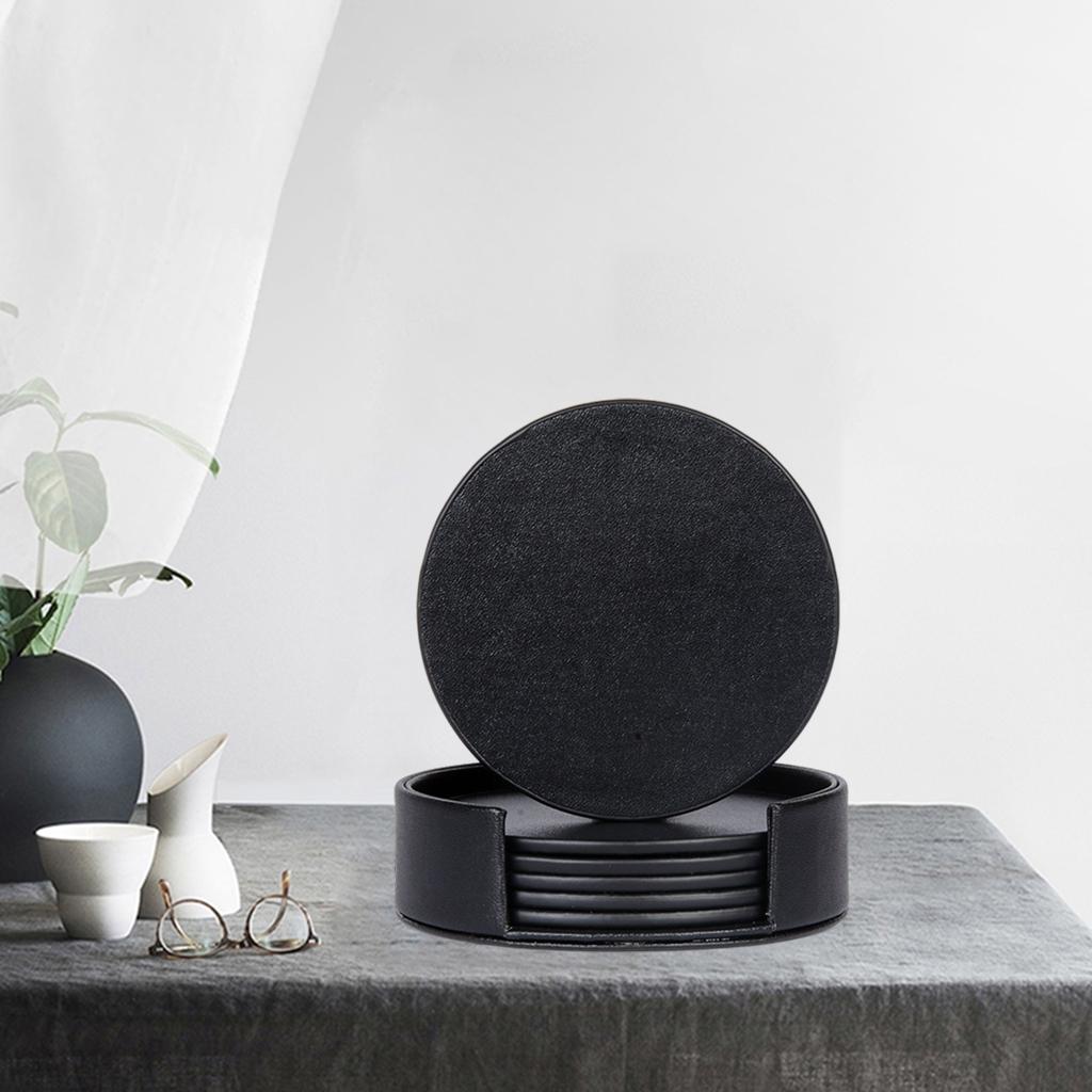 Leather Marble Grain Coasters for Drinks with Holder Heat Resistant Cup Mat black