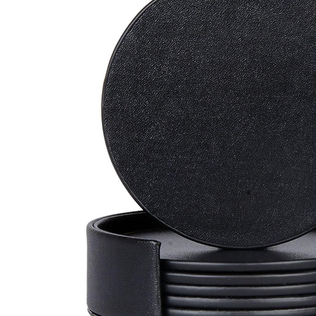 Leather Marble Grain Coasters for Drinks with Holder Heat Resistant Cup Mat black
